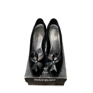 YSL Yves Saint Laurent Paris Black‎ Velvet Vintage Heels Pumps 7
